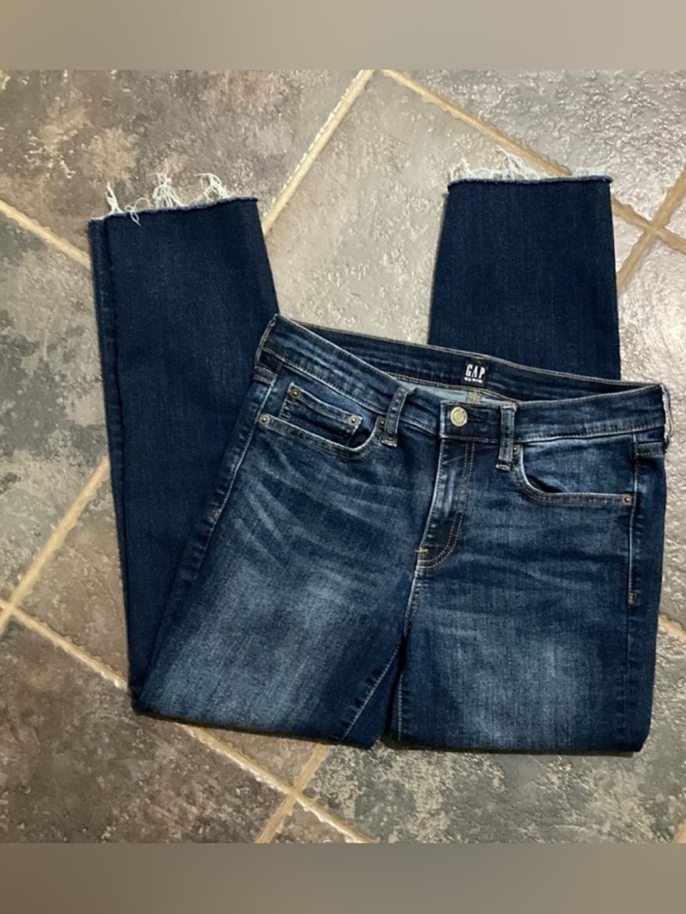 GAP Women's Dark Blue Straight Leg Jeans with Subtle Fading Size 28